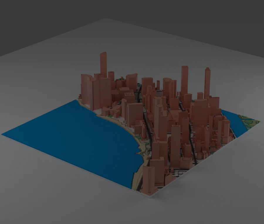 A city relief model shown as flat untextured geometry in a 3D viewport, evenly grey and unlit.